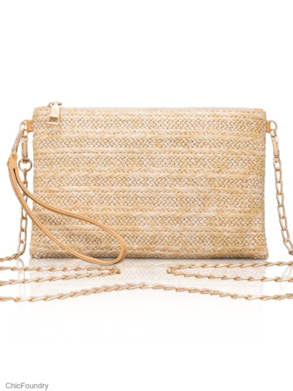 Woven Straw Clutch with Leather Wrist Strap Detachable Chain
